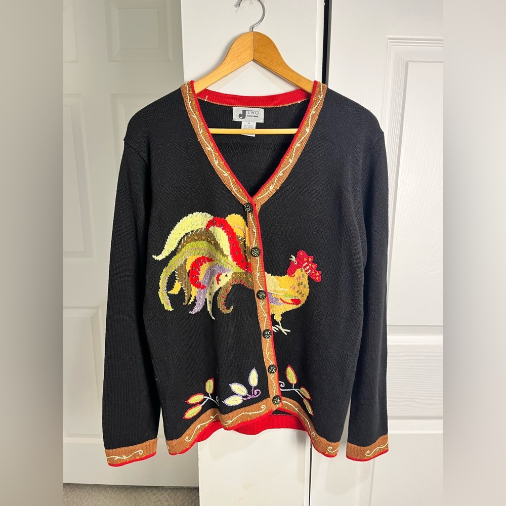 JTWO New York Black Rooster Cardigan Sweater Size Med Beaded Buttons Homestead